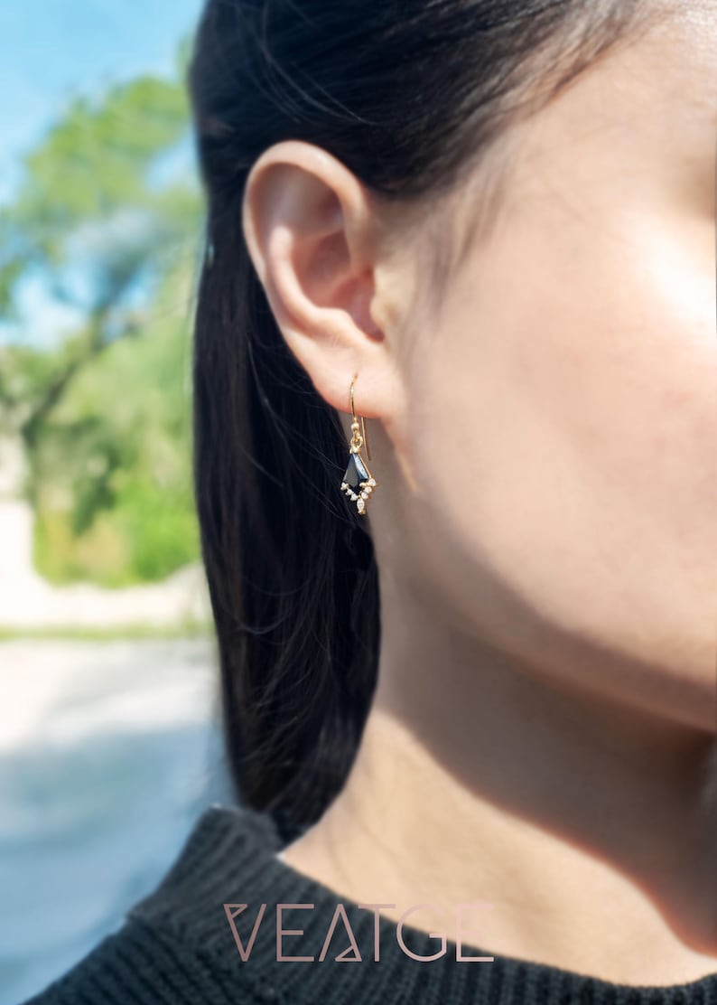 Art Deco Black Onyx Earrings Gold, Dangle Drop Earrings Natural Black Onyx Gemstone, Elegant Earrings Gift for Women, Unique Birthday Gift