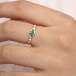 Natural Emerald Ring, Dainty Minimalist Wedding Band, May Birthstone Jewelry Birthday Gifts, Promise Ring, 14k Gold Vermeil, Stacking Ring