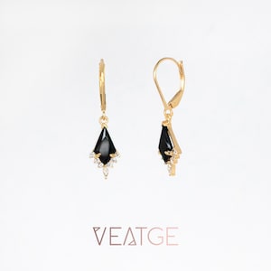 Boucles d'oreilles Art déco en or, boucles d'oreilles pendantes, pierres précieuses d'onyx noir naturel, cadeau de boucles d'oreilles élégantes pour femme, cadeau d'anniversaire unique Closed Leverback