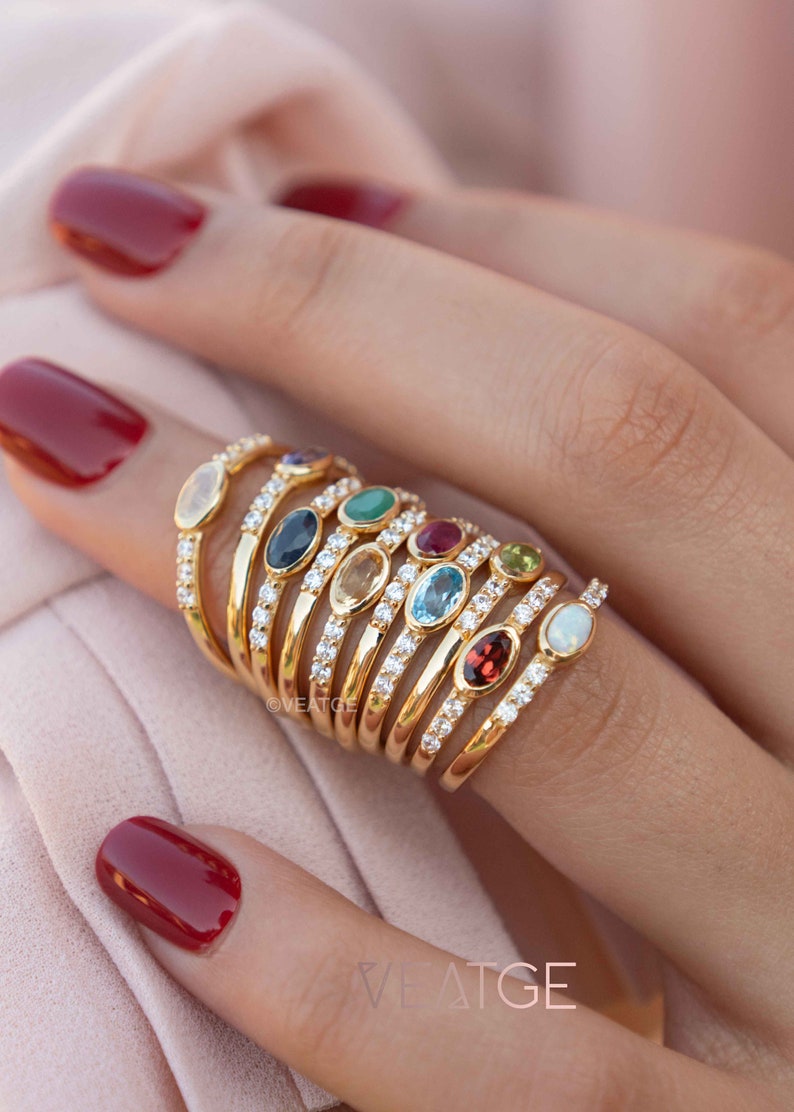 Gemstone stacking rings in gold dainty