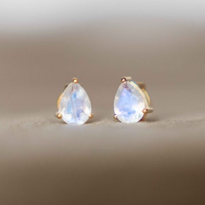 Moonstone Pear Studs Earrings, Sterling silver and Gold Vermeil, Natural Gemstone Gifts for Her