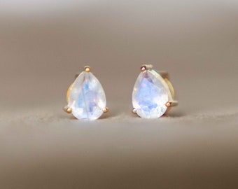 Moonstone Pear Studs Earrings, Sterling silver and Gold Vermeil, Natural Gemstone Gifts for Her