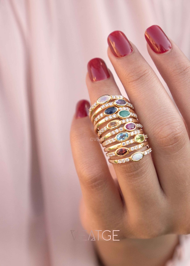 Gemstone stacking rings in gold dainty