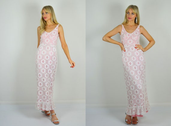 Vintage 1970s White & Pink Lace Fitted Summer Wedd