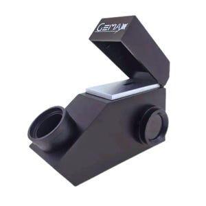 May include: A black handheld refractometer with a hinged lid and a circular eyepiece. The device features the brand name GEMAX printed in white on the top lid. It includes a slanted body with a circular lens on the side and a flat testing surface.