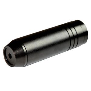 May include: A cylindrical black metal component featuring a smooth finish, a tapered end with a centered circular opening, and three distinct horizontal grooves etched into the opposite end of the body, creating a sleek and uniform appearance.