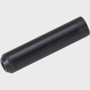 May include: A solid black cylindrical object with a smooth, matte finish. The item features a tapered end with a small circular opening at the tip, presenting a simple, uniform, and elongated tubular shape with no additional markings or textures.