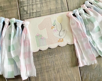 Embroidered Goose High Chair Banner: Pastel Gingham First Birthday Personalized Custom