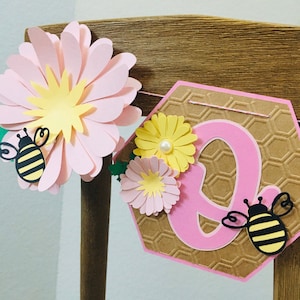 Pink Bee Theme Banner with Daisies | Birthday Party Bridal Shower Baby Shower Decor | Custom Text