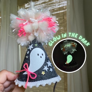 Glow in the Dark Ghost Halloween Birthday Hat | Pink Black | Whimsical Party Hat | Kids Photoshoot Prop | Birthday Party | Cute Bow