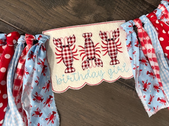 High Chair Banner: Embroidered Crawfish, Gingham Style - Birthday Girl