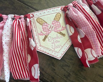 Embroidered Rookie of the Year High Chair Banner: Pink Baseball First Birthday