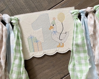 Silly Goose Embroidered High Chair Banner: Vintage Gingham Birthday Decor Personalized Custom