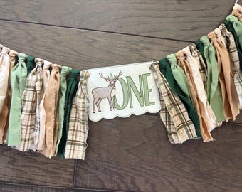 Embroidered Buck High Chair Banner: Vintage Plaid, Rustic First Birthday Personalized Custom