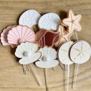 Mermaid Shell Beach Theme Cupcake Toppers | Neutral Boho Rose Gold Pink