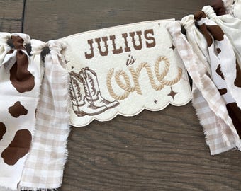 Neutral Brown Cowboy First Birthday High Chair Banner: Embroidered Western Garland Personalized Custom