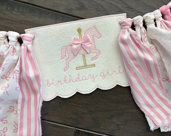 Embroidered Carousel Horse Birthday High Chair Banner: Pink Felt, Rag Tie Garland