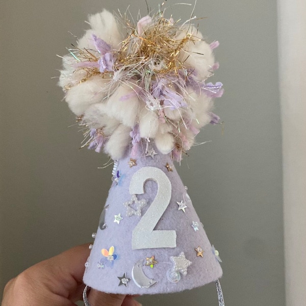 Lavender Celestial Birthday Hat | Retro Whimsical Party | Kids Photoshoot Prop | Pom Pom Sequins | stars space first trip around the sun