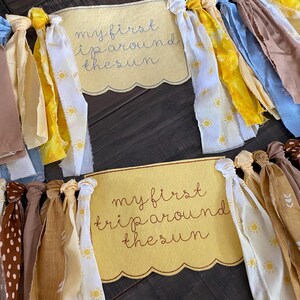 Yellow Blue Brown My First Trip Around the Sun Theme Embroidered Fabric High Chair Banner | First Birthday Party | space bday boy boho