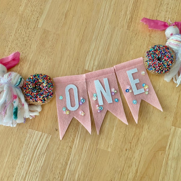 MUWEOL Donut High Chair Banner - First Birthday Decor, Pink & Sweet One With Lace Ribbon, 80 Inches Long