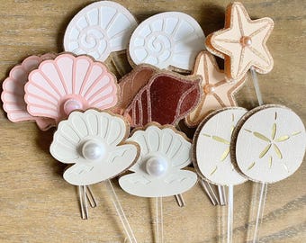 Mermaid Shell Beach Theme Cupcake Toppers | Neutral Boho Rose Gold Pink