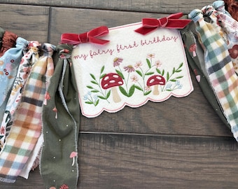 Embroidered Fairy First Birthday High Chair Banner: Toadstool, Floral Woodland Garland Personalized Custom