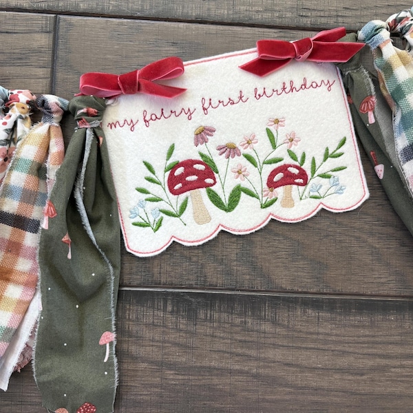 Embroidered Fairy First Birthday High Chair Banner: Toadstool, Floral Woodland Garland