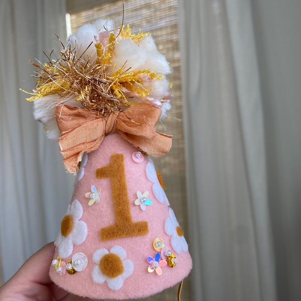 Pink Mustard Yellow and White Daisy Felt Birthday Party Hat | Retro Whimsical Party | Kids Photoshoot Prop | boho | Pom Pom Sequins Bow