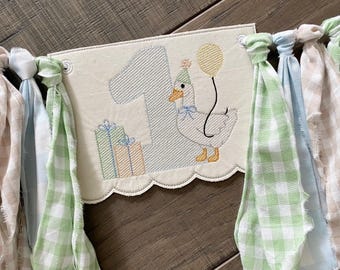 Silly Goose Embroidered High Chair Banner: Vintage Gingham Birthday Decor Personalized Custom