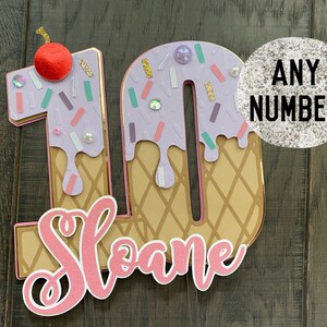 Purple and Pink Personalized Ice Cream Cake Topper | Custom Number Cake | Birthday Party Baby Shower Dessert Table