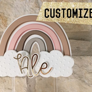 Boho Rainbow Cake Topper Personalized | Birthday Party, Baby Shower, Bridal Shower Decor | Pastel Pink Grey Neutral Brown