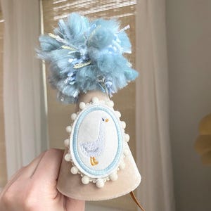 Goose Birthday Hat: Tan Velvet, Blue Pom Pom, Kids Photoshoot Prop