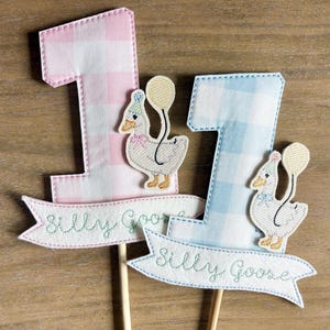 Silly Goose Gingham First Birthday Cake Topper: Personalized Embroidered Felt Appliqué | Pink or Blue