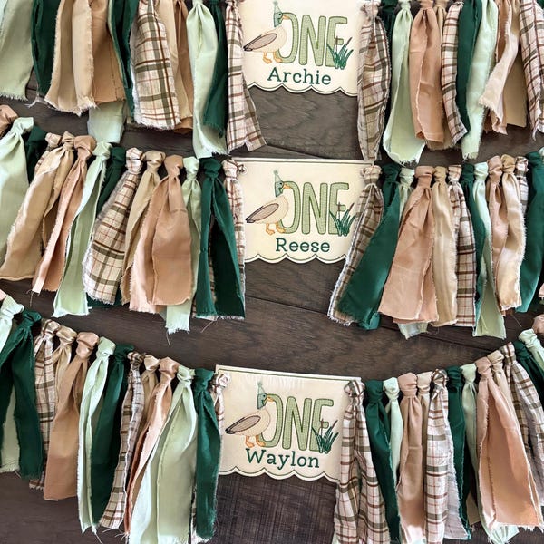 Embroidered Duck High Chair Banner: Vintage Plaid, Rustic First Birthday Personalized Custom