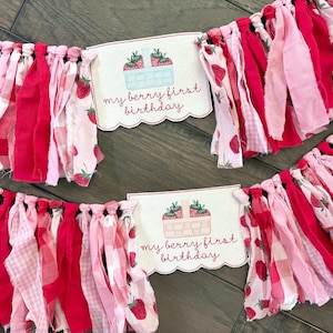 Berry First Birthday High Chair Banner | Strawberry 1st Birthday Decor | Pink & Red Fabric Garland | Berry Sweet Party Decorations for Girl