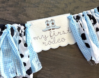 My First Rodeo High Chair Banner: Embroidered Cowboy Boots, Blue Gingham Personalized Custom