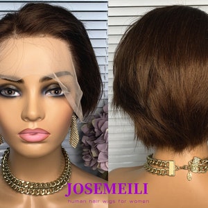 pixie women wigs #4 dark brown human hair wigs 13x4 front lace wig short bob hair wig glueless women wigs prelucked hair bleached knots