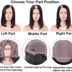 May include: Three images showing different wig part positions: left, middle, and right. The wig has a U-part opening for your own hair to come through. The wig cap has combs to help fix the cap and adjustable straps to adjust the cap size.