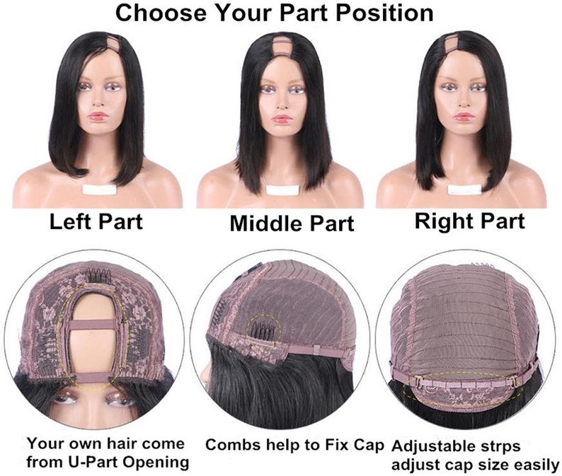 May include: Three images showing different wig part positions: left, middle, and right. The wig has a U-part opening for your own hair to come through. The wig cap has combs to help fix the cap and adjustable straps to adjust the cap size.