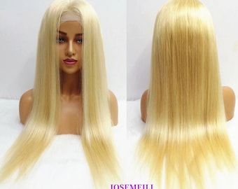 May include: A blonde wig with long, straight hair. The wig is displayed on a mannequin head, showcasing the front and back views. The hair is a light, golden color. The text "JOSEMEILI human hair wigs for women" is visible at the bottom.
