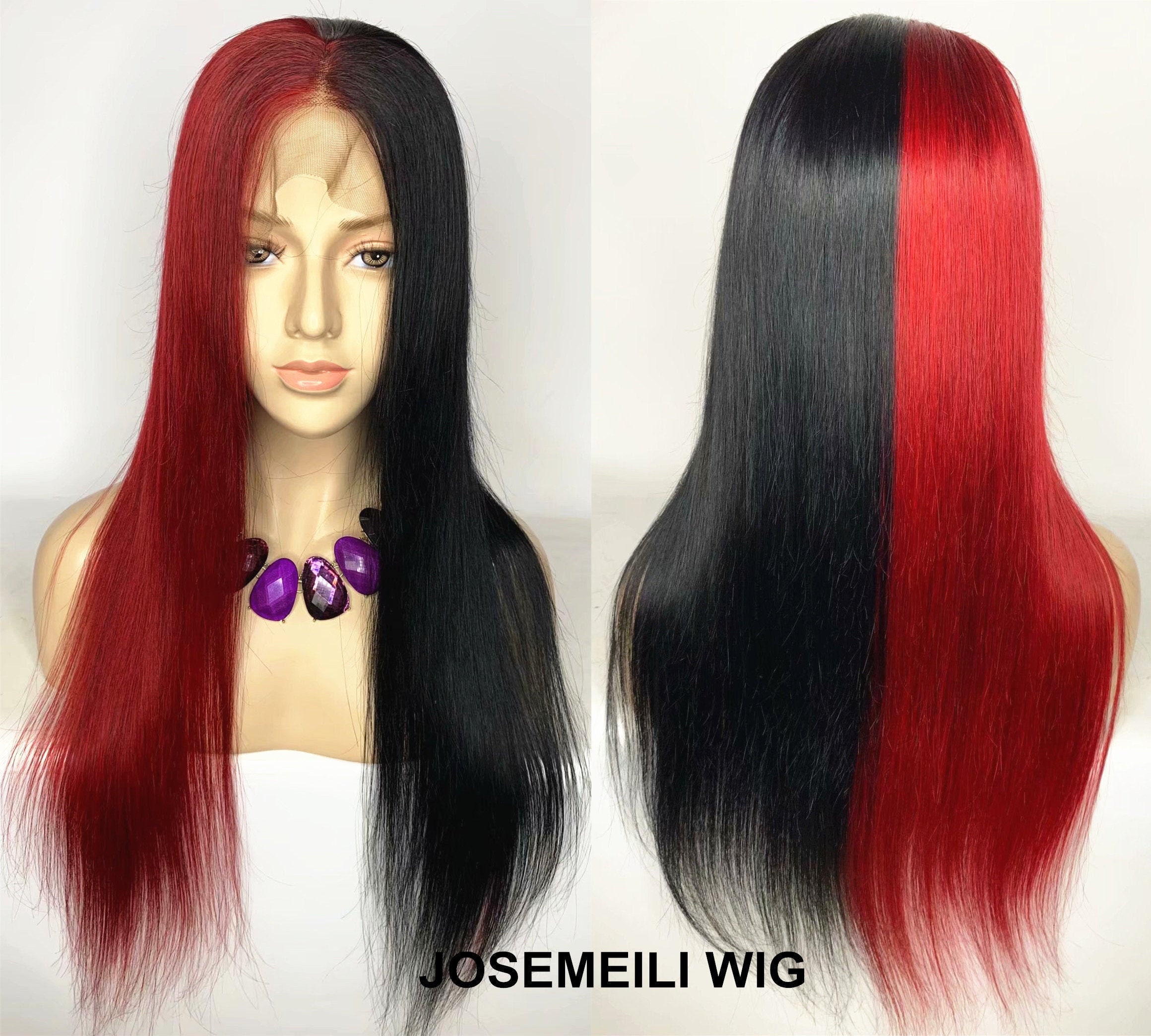 Highlights Half Black Half Red Hair Wigs Brazilian Hair Human Etsy Sweden