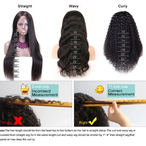 May include: Diagram showing how to measure the length of a wig. The image shows three wigs: straight, wavy, and curly. The straight wig is measured from the top of the head to the bottom of the hair. The wavy and curly wigs are measured from the top of the head to the bottom of the curl. The text on the image reads: "9 inch only Incorrect Measurement" and "11 inch now Correct Measurement".