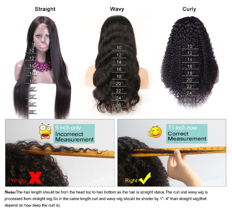 May include: Diagram showing how to measure the length of a wig. The image shows three wigs: straight, wavy, and curly. The straight wig is measured from the top of the head to the bottom of the hair. The wavy and curly wigs are measured from the top of the head to the bottom of the curl. The text on the image reads: "9 inch only Incorrect Measurement" and "11 inch now Correct Measurement".