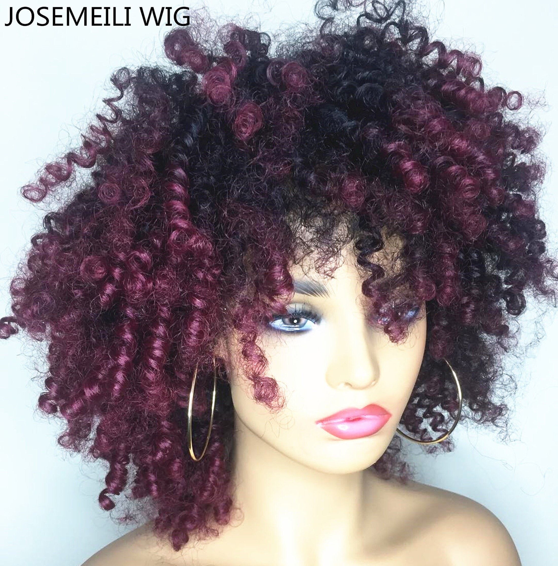 Human hair blende ombré Red Wine Burgundy Wig 2020 Ombre, Burgundy, Wine, Red, Curly, Dark Root, Lace Front Wig  main image 3