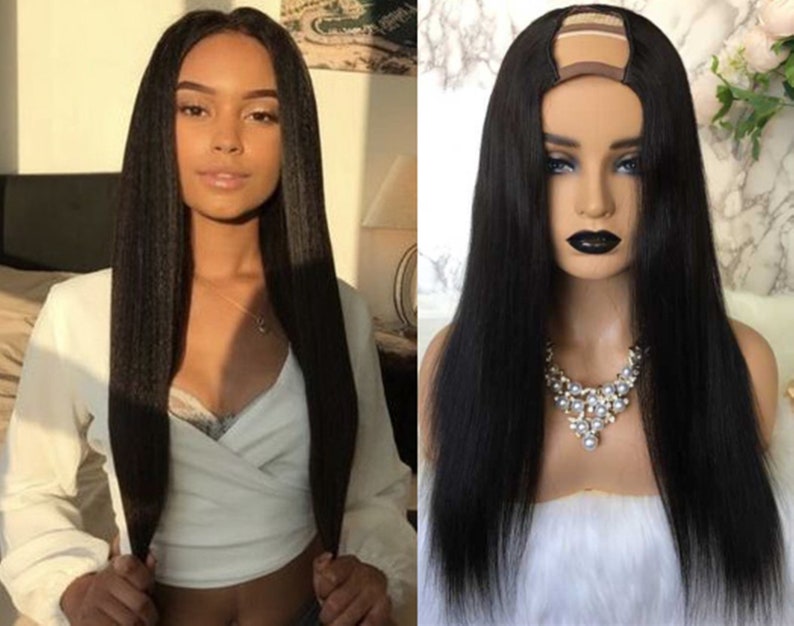 May include: A black human hair wig with a U-part opening for easy application. The wig is long and straight, with a natural-looking finish.