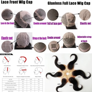 May include: Diagram showing different types of lace front and full lace wig caps. The diagram includes details about the wig cap construction, such as the lace in the front, combs around the full lace part, elastic net, adjustable strap at the back, and strap at the back. The diagram also includes a size chart with measurements for circumference, forehead to nape of neck, ear to ear across front hairline, ear to ear over the top, temple to temple around back, and nape of neck.