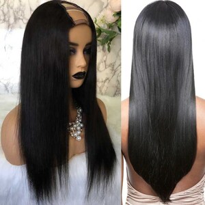 May include: A black human hair wig with a U-part opening for natural hair to show through. The wig is long and straight, with a sleek and polished look.