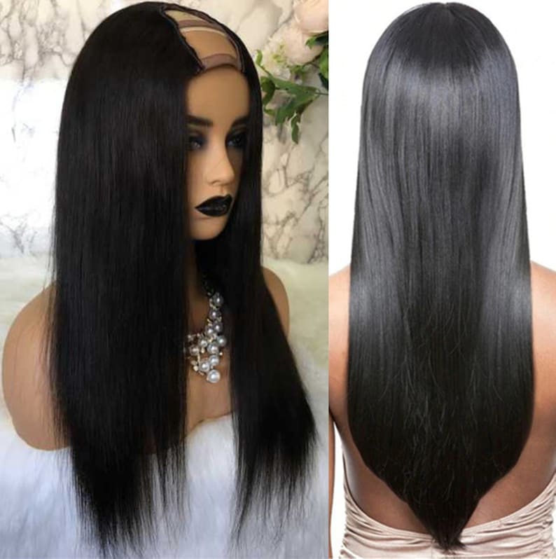 May include: A black human hair wig with a U-part opening for natural hair to show through. The wig is long and straight, with a sleek and polished look.