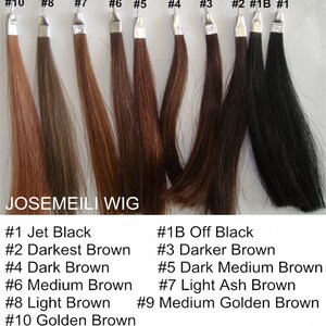 May include: A color chart of ten different shades of brown hair, ranging from jet black to golden brown. The hair swatches are labeled with numbers from 1 to 10, with corresponding hair color names listed below.