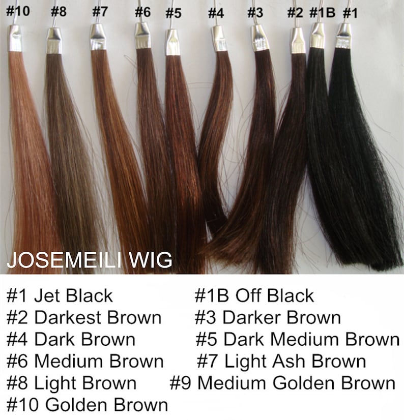 May include: A color chart of ten different shades of brown hair, ranging from jet black to golden brown. The hair swatches are labeled with numbers from 1 to 10, with corresponding hair color names listed below.